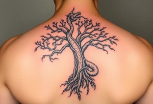 tree of life with a dragon encircling it. the trees roots are absorbing the dragons tale while the dragon eats the top of the tree tattoo idea