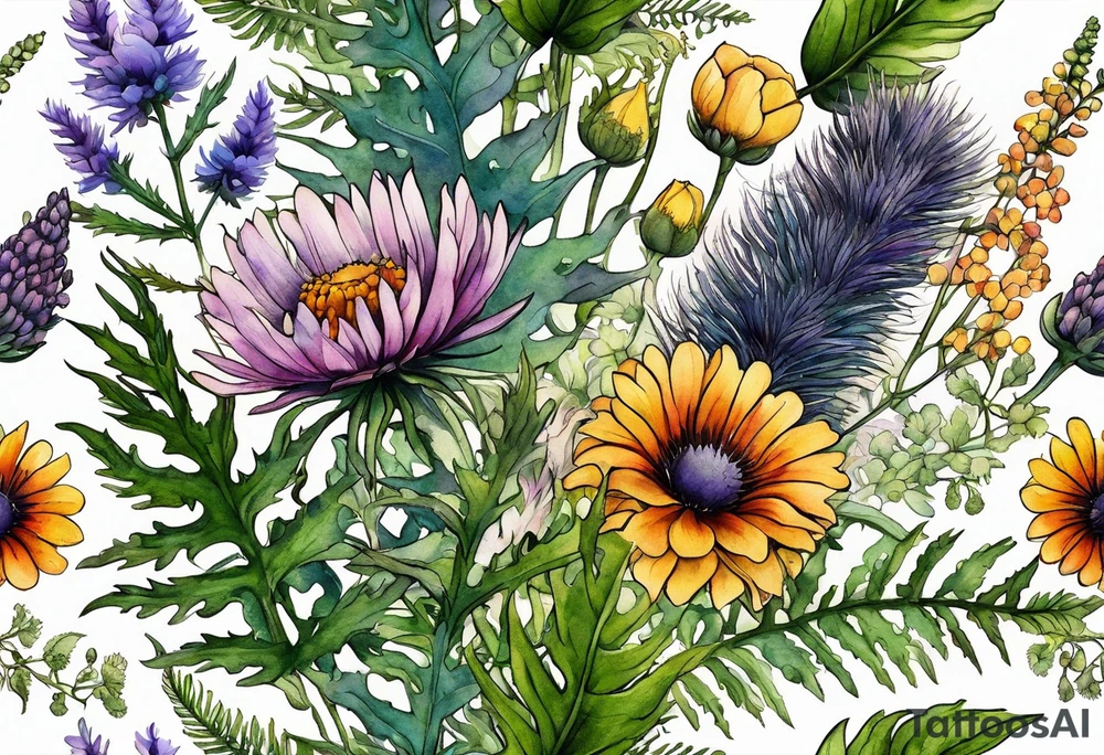 spread out mixed wildflower bouquet with ferns, thistle and with color tattoo idea