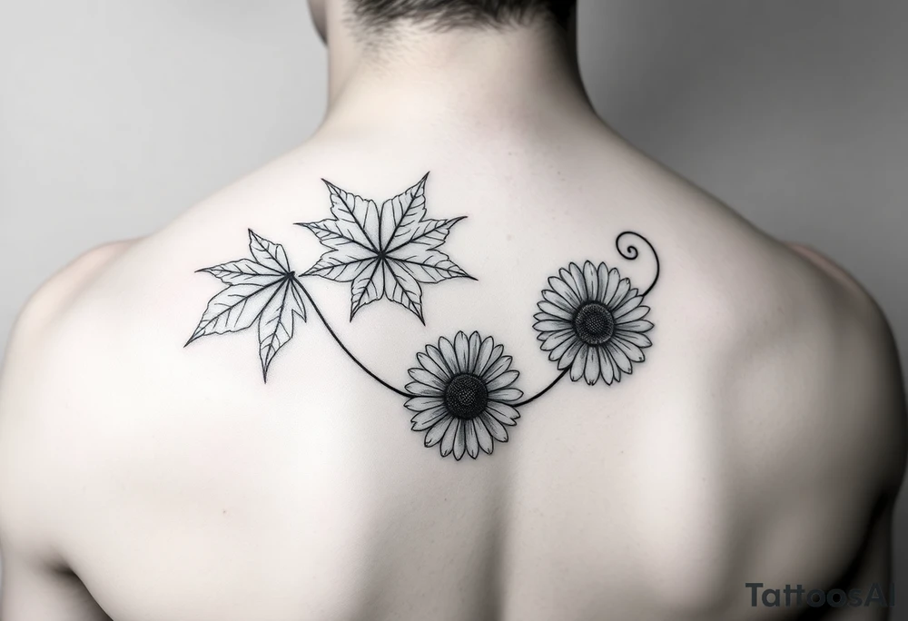 Maple leaves and gerbera daisies connected with thin swirly lines tattoo idea