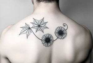 Maple leaves and gerbera daisies connected with thin swirly lines tattoo idea