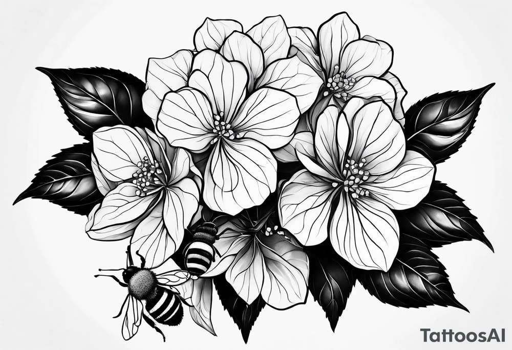 3 in by 2 in minimalist no color tattoo for forearm of a Hydrangea and bee tattoo idea