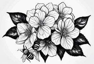 3 in by 2 in minimalist no color tattoo for forearm of a Hydrangea and bee tattoo idea