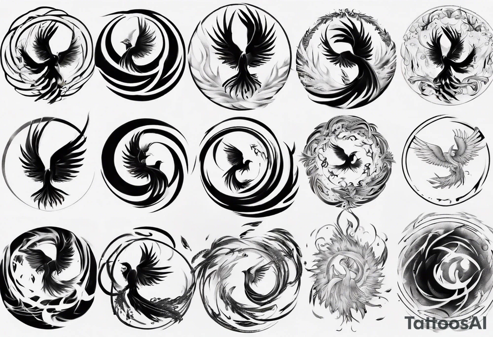 Phoenix rising blending in circles tattoo idea