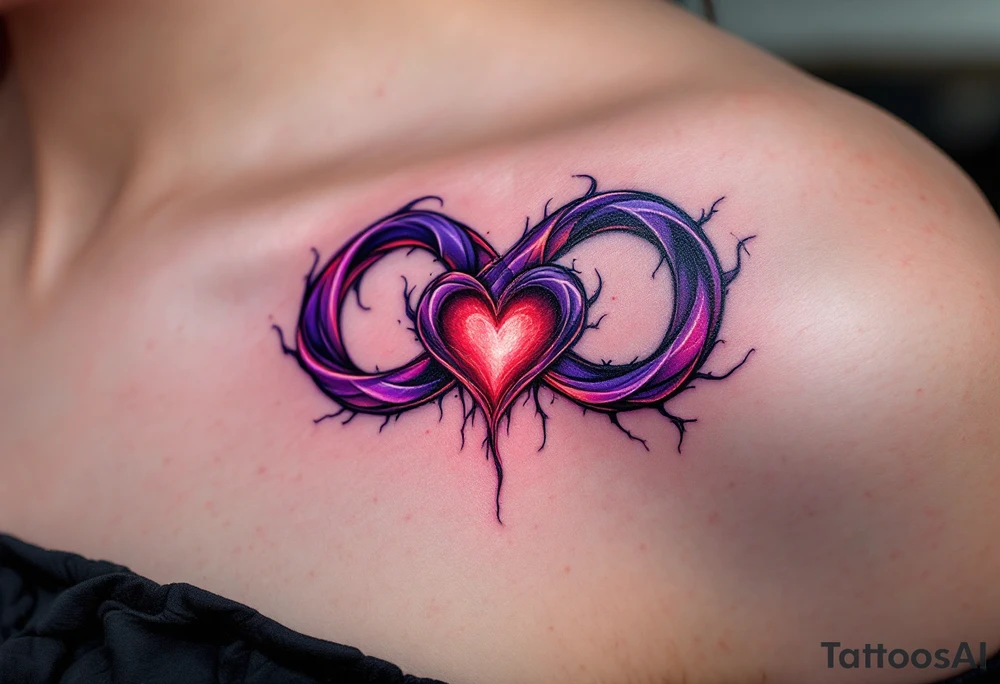 A purple and black shaded infinity symbol wrapping around a glowing red heart in the middle. tattoo idea