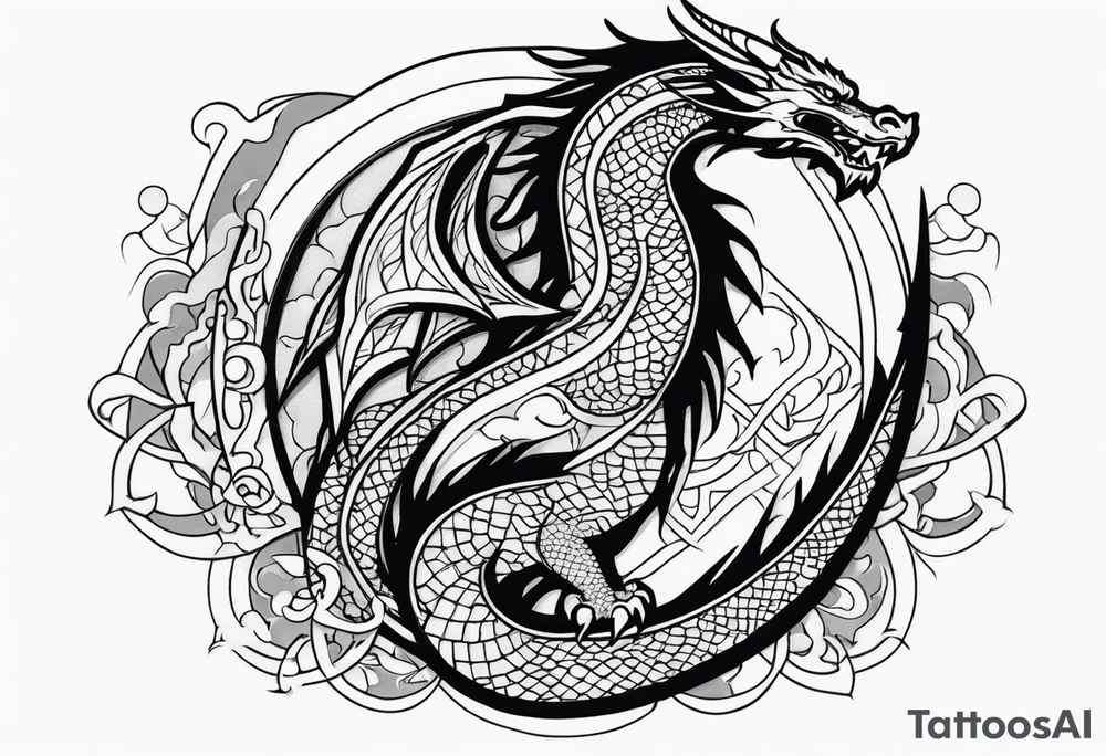 Dragon with Seven shape with full moon on background tattoo idea