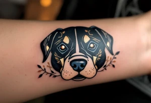 Art Deco Staffordshire Bull Terrier a stylized design with elegant symmetry and gold and deep navy tones, inspired by Art Deco architecture. tattoo idea