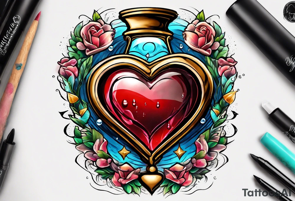 heart in a sand timer with pain, tears, and light tattoo idea