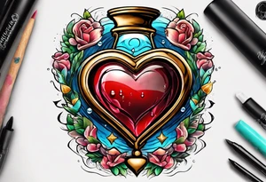heart in a sand timer with pain, tears, and light tattoo idea