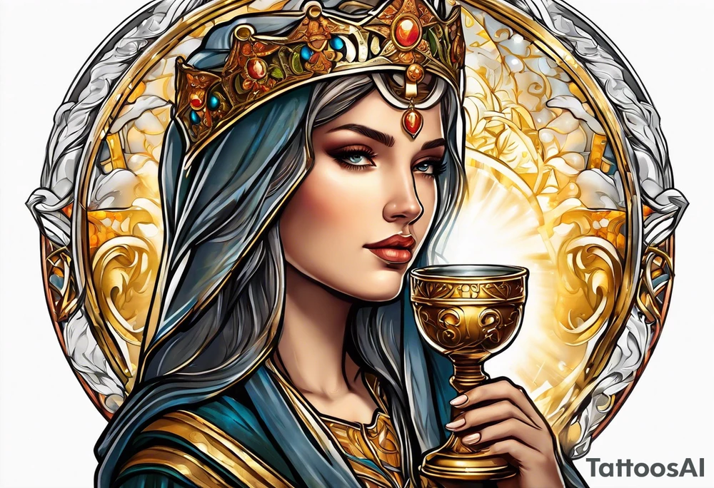 woman saint holding chalice surrounded by golden halo portrait tattoo idea