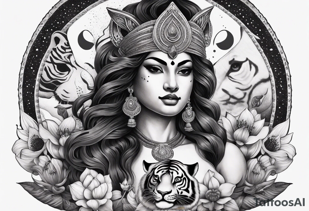 durga goddess, riding a tiger, kali, pirate, pachamama, chest tatoo, lotus, piarte tattoo idea