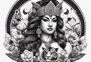 durga goddess, riding a tiger, kali, pirate, pachamama, chest tatoo, lotus, piarte tattoo idea