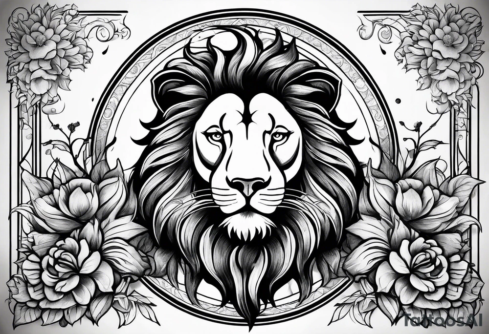Black Lion with flowers and a crescent moon on forehead tattoo idea