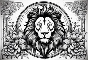 Black Lion with flowers and a crescent moon on forehead tattoo idea