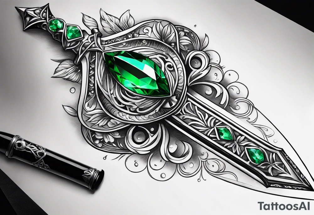 An athame dagger with the hilt turned upward and emerald gemstones on the hilt tattoo idea