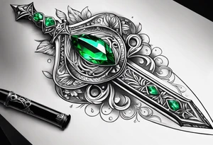 An athame dagger with the hilt turned upward and emerald gemstones on the hilt tattoo idea
