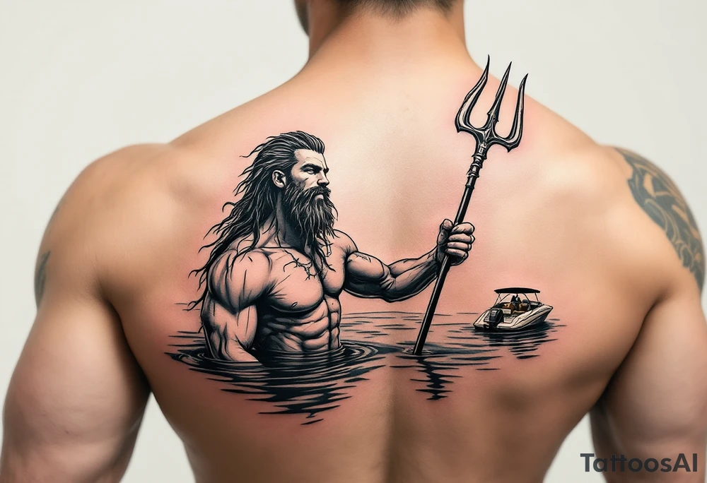 young, happy, fit poseidon in calm water, holding a trident, drinking a beer, with sunset, with ski boat tattoo idea