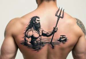 young, happy, fit poseidon in calm water, holding a trident, drinking a beer, with sunset, with ski boat tattoo idea