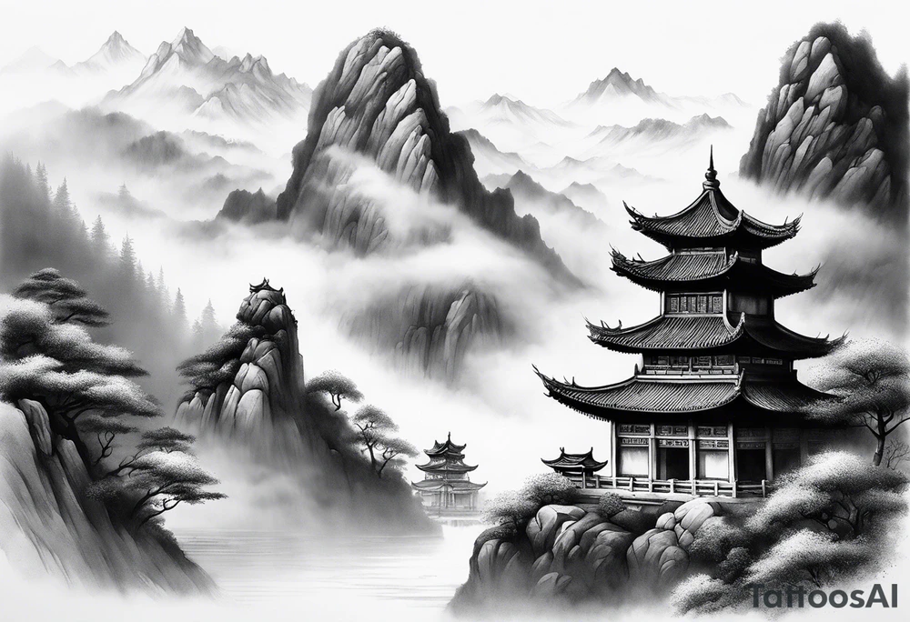forearm sleeve traditional chinese art painting style autumn mountains mist fog water Chinese temple female with pony tail wearing robes seated meditating in the distance tattoo idea