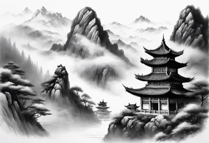 forearm sleeve traditional chinese art painting style autumn mountains mist fog water Chinese temple female with pony tail wearing robes seated meditating in the distance tattoo idea