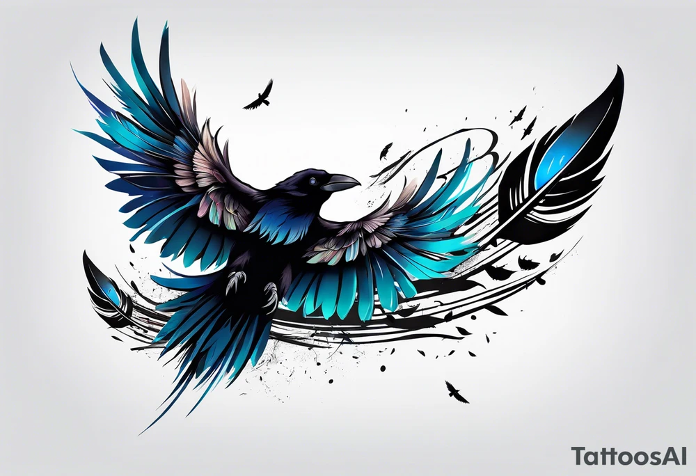 crow feather with 6 birds flying off as a feater tattoo idea