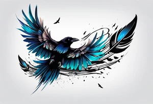 crow feather with 6 birds flying off as a feater tattoo idea