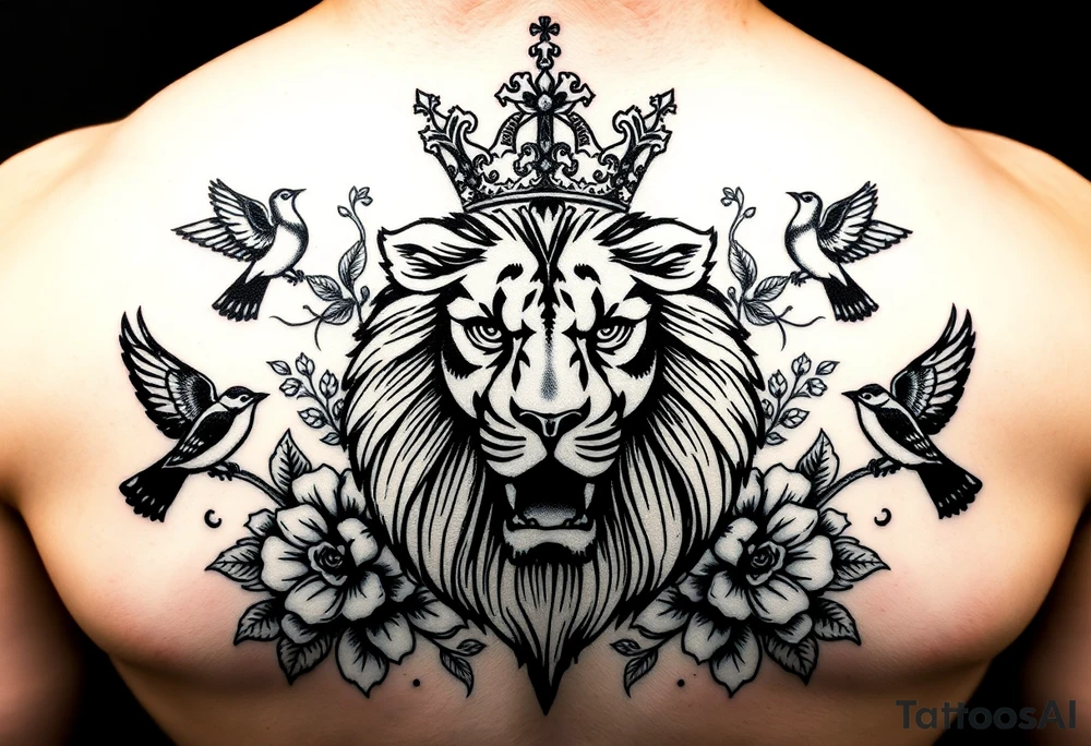 powerful majestic lion with a crown, surrounded by floral ornaments and birds tattoo idea