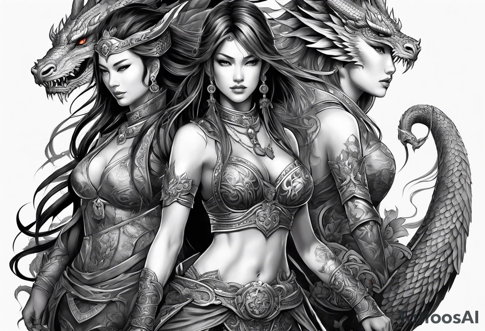 full body female warriors with two full body dragons tattoo idea