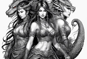 full body female warriors with two full body dragons tattoo idea