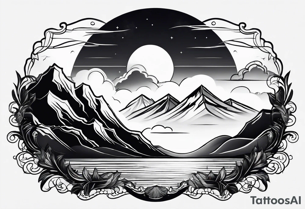 Mountain Range coming Out of the sea and Clouds. Sunrise in Front of it. Half moon and night Sky above the Mountains. tattoo idea