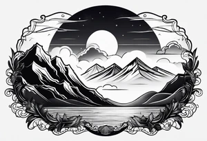 Mountain Range coming Out of the sea and Clouds. Sunrise in Front of it. Half moon and night Sky above the Mountains. tattoo idea