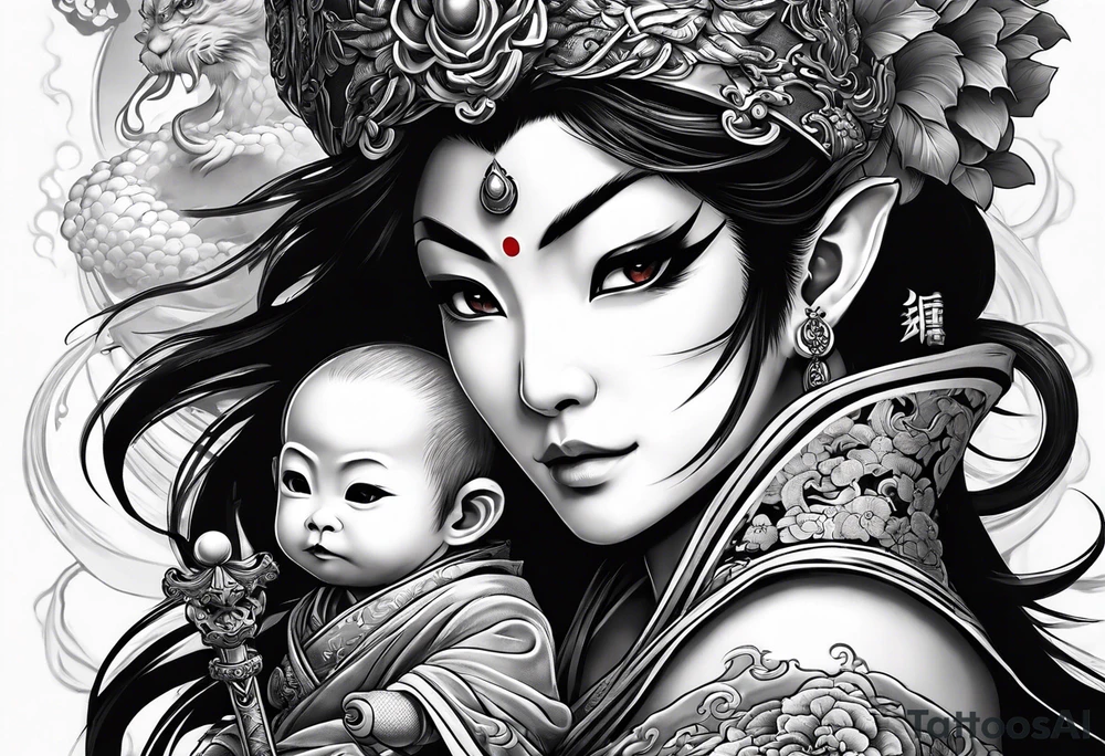 a full arm sleeve tattoo of
the monkey king with weapon, a japanese dragon, and
shrouded mother holding a baby tattoo idea