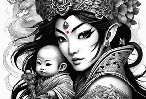 a full arm sleeve tattoo of 
the monkey king with weapon, a japanese dragon, and
 shrouded mother holding a baby tattoo idea