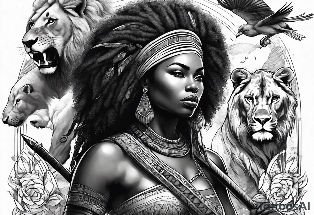 African woman warrior holding a spear with birds and lion in the background tattoo idea