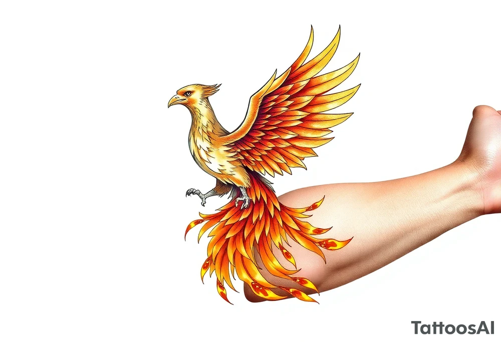 magnificent phoenix rising from golden flames with trailing embers tattoo idea