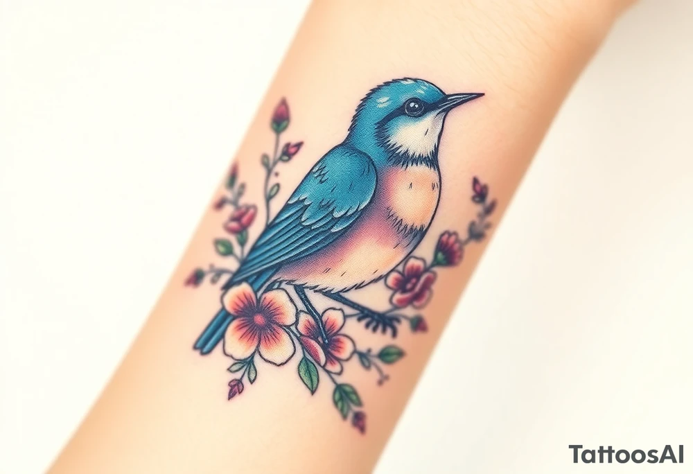 Puffy bluebird surrounded by wild flowers tattoo idea