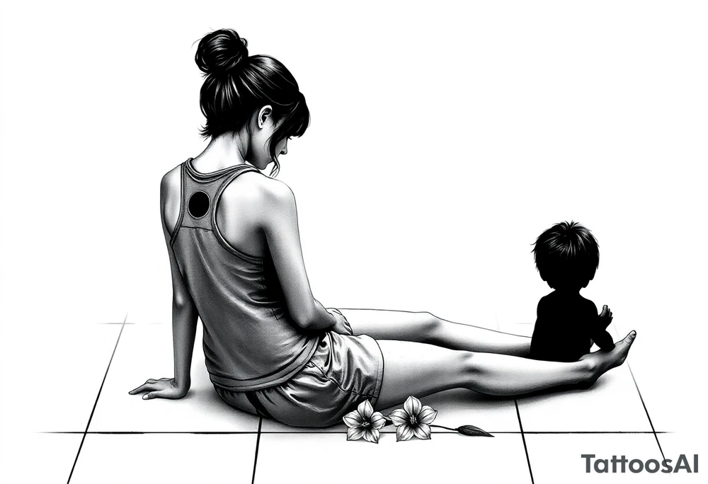 a tile floor with a realistic silhouette of the back of a thin woman sitting curled on the tile floor and a black silhouette of a young child sitting next to her with a lily next to them on the floor. The woman is wearing a Racerback tank top, running shorts, has dark hair pulled up high, and her head is down. tattoo idea