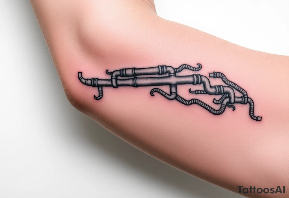 wide System of pipes that transitions and transforms at the end into thick, widespread
veins of forearm tattoo idea