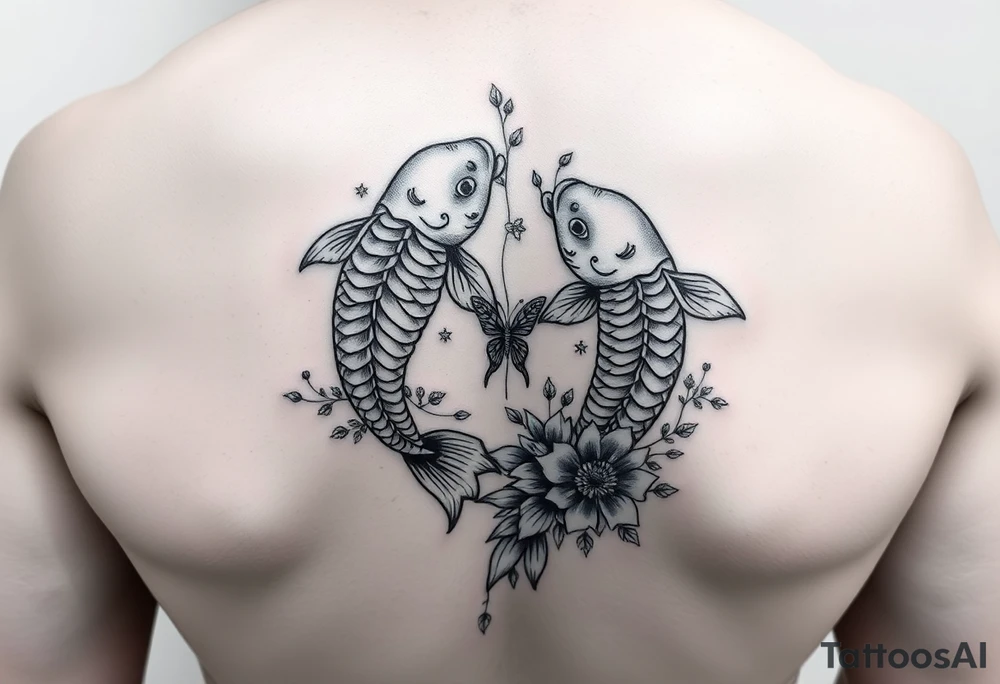 Two koi fish wrap around wrist tattoo with flowers and butterfly tattoo idea