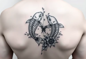 Two koi fish wrap around wrist tattoo with flowers and butterfly tattoo idea