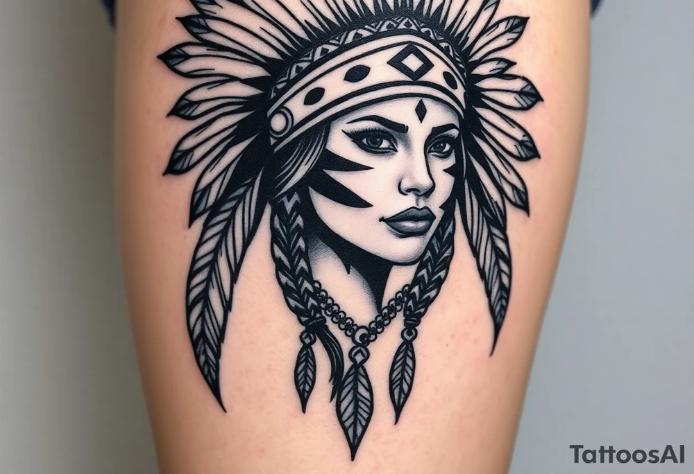 Beautiful, majestic, and noble young native American indian woman with a big bold head dress on and war paint on her face with some kind of background with tribal tattoo idea