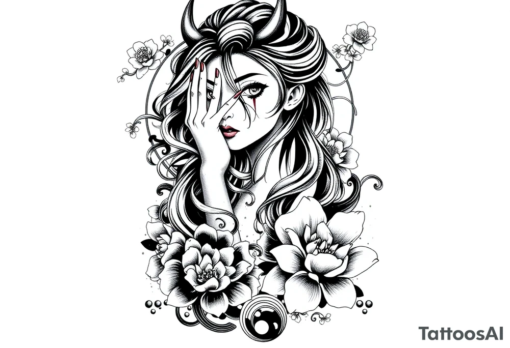 Full sleeve Japanese-inspired tattoo design featuring a beautiful female oni (demon woman) with an elegant, mysterious expression, one hand partially covering her face, long flowing hair integrated into swirling wind and wave patterns, large detailed chrysanthemums and peonies woven through the composition, dynamic negative space with bold black fills and smooth gradients, traditional Japanese cloud and water motifs, high-contrast black and grey with soft shading and sharp linework, balanced composition wrapping around the arm, modern neo-Japanese illustrative style.

– High contrast black and grey
– Neo-Japanese tattoo
– Traditional Japanese motifs
– Sleeve layout design
– Chrysanthemums, peonies, wind bars, waves
– Female oni portrait tattoo idea