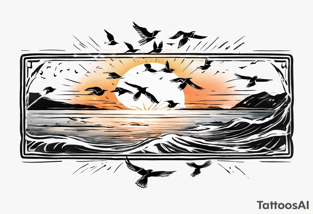 Sunset over the sea with birds flying in a rectangle tattoo idea