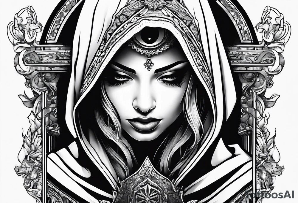 Praying woman in hood tattoo idea