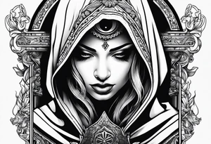 Praying woman in hood tattoo idea