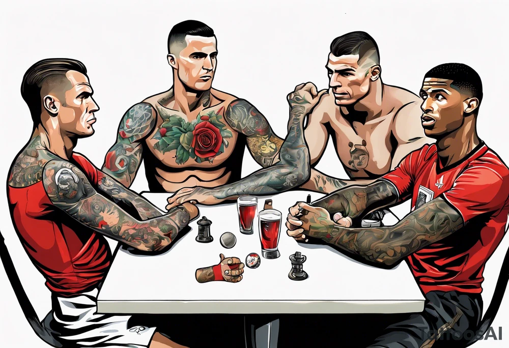 Rooney, Ronaldo, Best, Charlton, Cantona and Rashford at a table tattoo idea