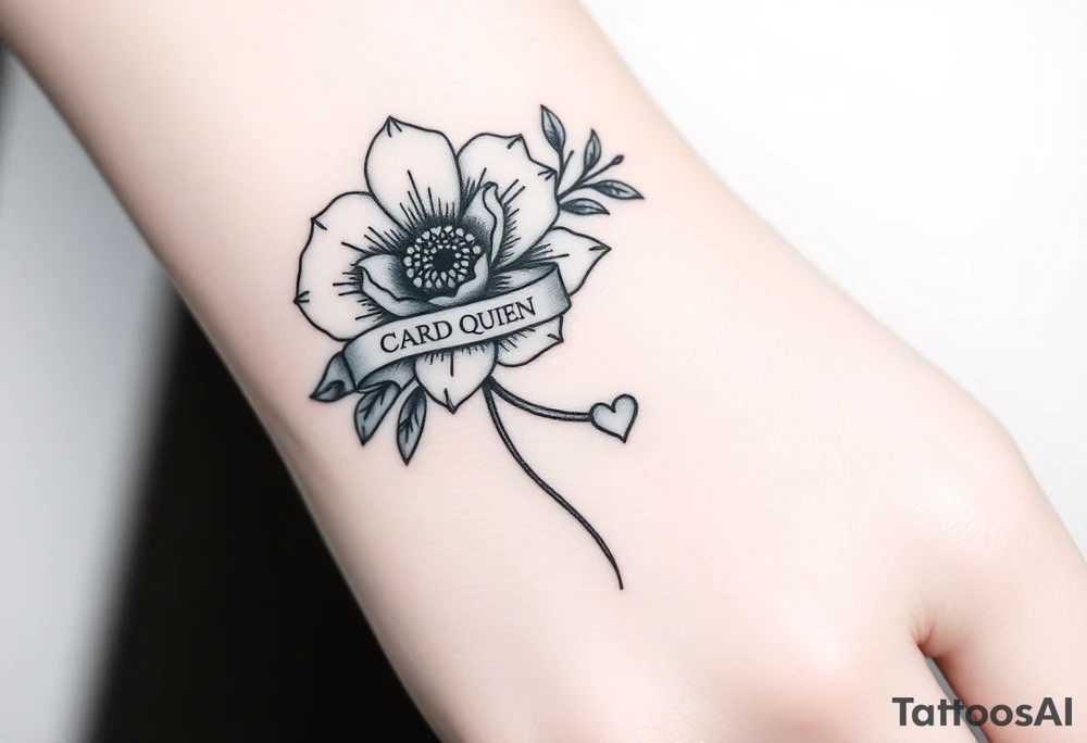 A beautiful flower with a card queen sign and a ribbon tied around the flower with banríona and a small heart tattoo idea