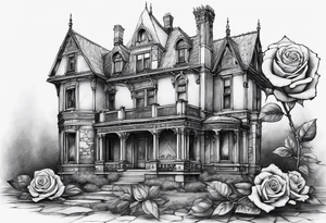 old broken gothic home, broken sword, roses tattoo idea