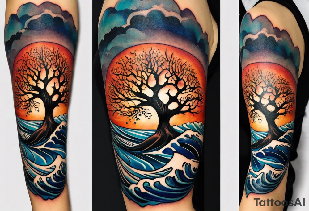 A tattoo of an abstract Tree of Life tattoo to be placed directly on the bicep of a woman. It can wrap around the arm a little. It should have roots growing out of the bottom. The roots slowly turn into water from the Great Wave by Hokusai. A golf flag should be placed discreetly growing out of the ground. 2 license plate tags should be hanging from the tree. Place a few music notes in the areas the leaves should be. The letters A U should be engraving into the tree trunk in a heart. Not inside a circle. The overall shape of the tattoo should be organic. Black and white only. tattoo idea