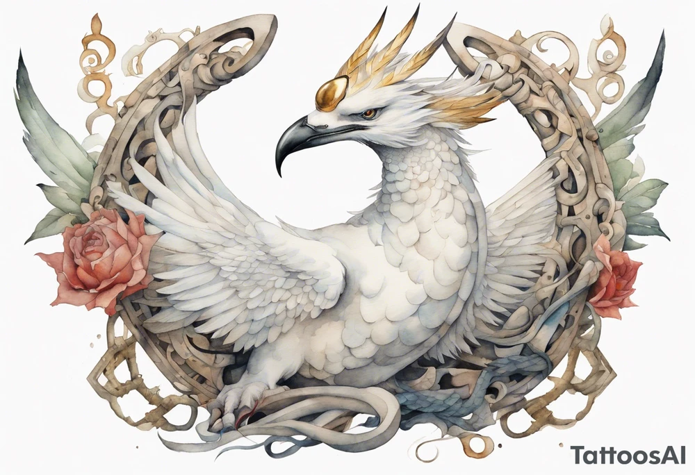 a watercolor of a white bird-serpent hybrid wearing an iron crown, flying tattoo idea