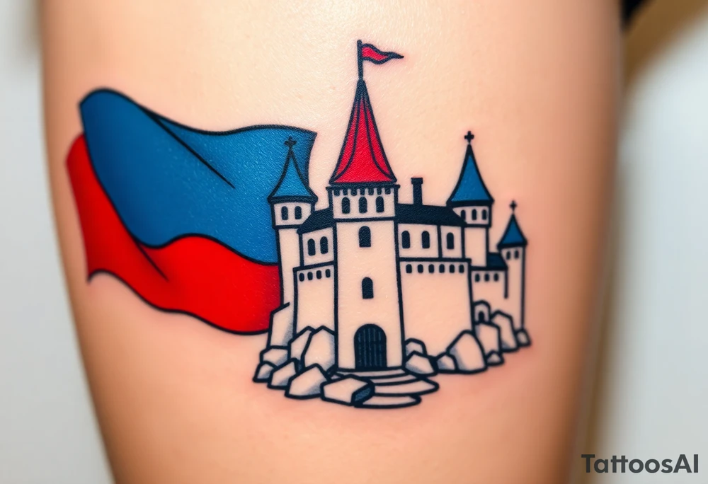A Czech flag (blue, white up, red down) waving behind a medieval castle tattoo idea